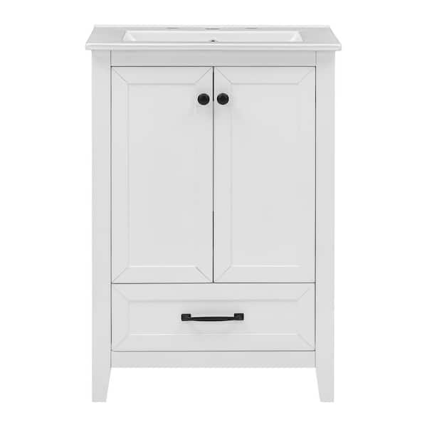 24.00 in. W Freestanding White Bath Vanity with White Ceramic Top