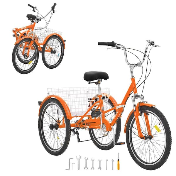 Folding Adult Tricycle, 24 in. 7-Speed Adult Folding Trikes, Carbon Steel 3 Wheel Cruiser Bike(Orange)
