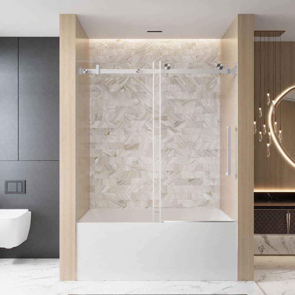56 in.-60 in. W x 60 in. H Single Sliding Frameless Shower Door in Brushed Nickel w/ 1/4 in. (6 mm) Clear Tempered Glass price history on PriceWatchPro