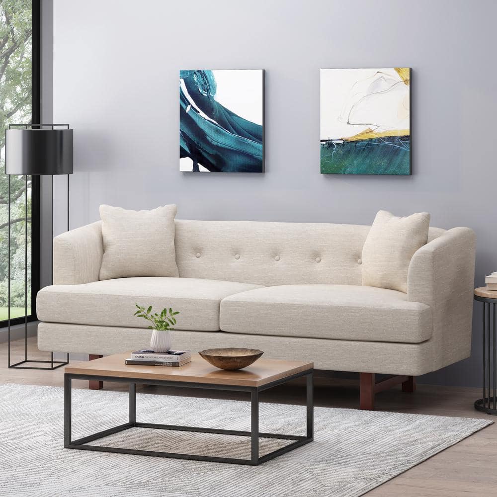 Beige Polyester Tufted 3-Seater Lawson Sofa with Espresso Wood Legs