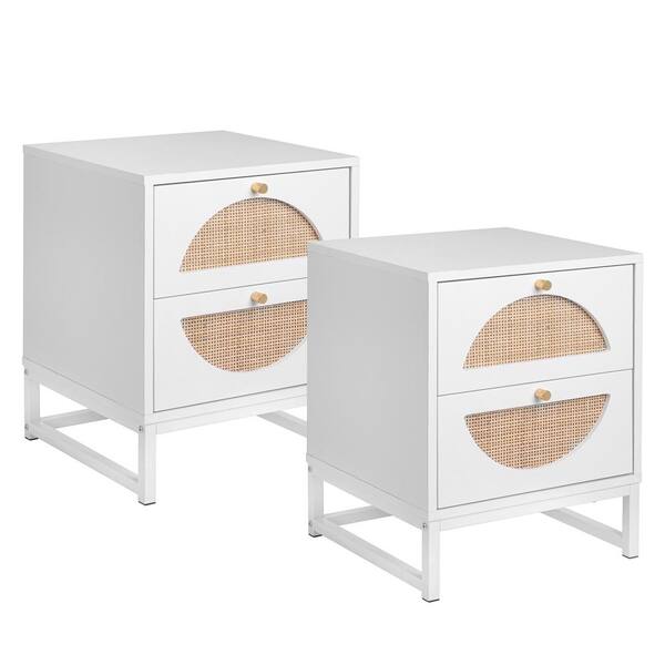 Modern Rattan 2Drawer White Nightstand (Set of 2) Accent Bedside Table