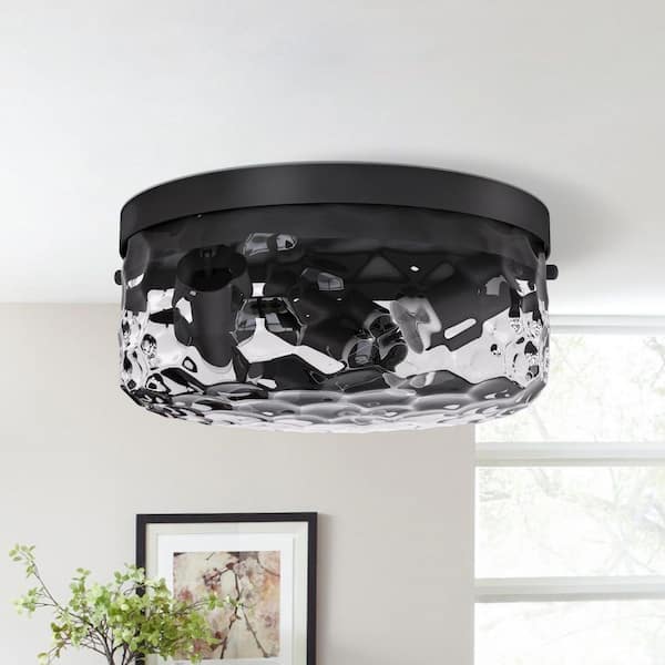 Maxax Raleigh 12 in. 3-Light Black Iron Modern Flush Mount Lighting Bedroom Ceiling Lights With Water Glass Shade