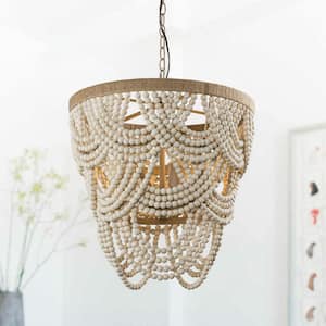 Modern Boho Dining Room Chandelier 4-Light Distressed White Island Chandelier with Wood Beads and Rope