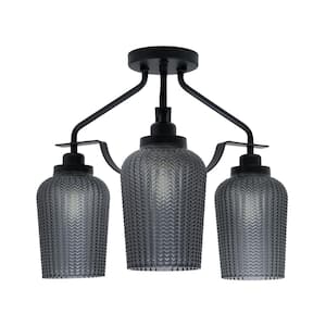 Zara 15.5 in. 3-Light Matte Black Semi-Flush with 5 in. Smoke Textured Glass Shades No Bulbs Included