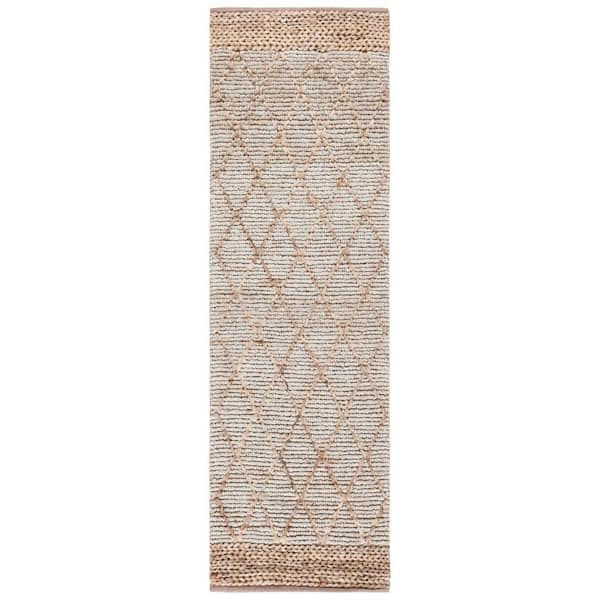 Natural Fiber Silver 3 ft. x 8 ft. Border Multi-Diamond Runner Rug