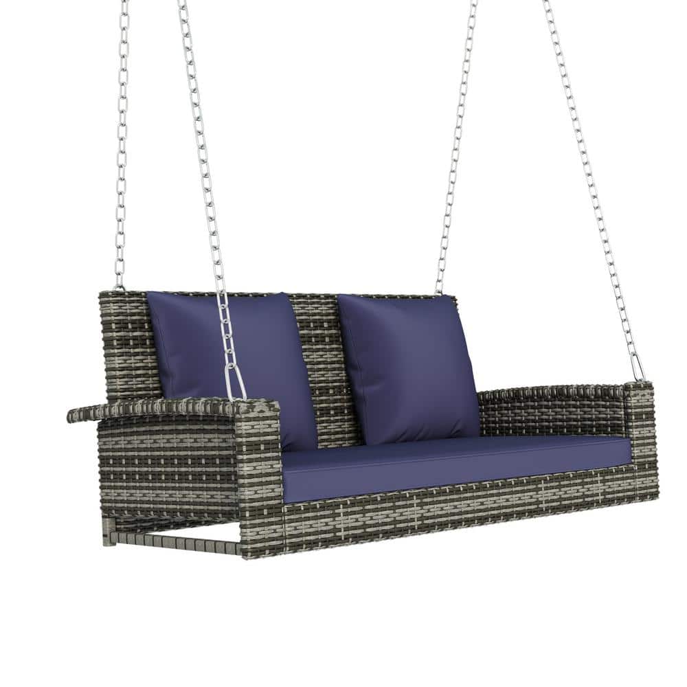50.00 in. seating 2-Person Blue-gray Wicker Hanging Porch Swing with Chains