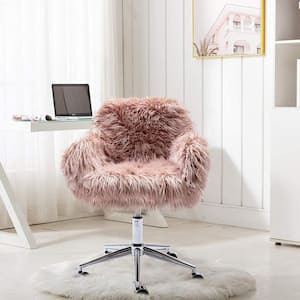 Modern Pink Faux Fur Accent Chair, Height Adjustable Swivel Cute Fluffy Vanity Accent Chair for Office, Dressing Room