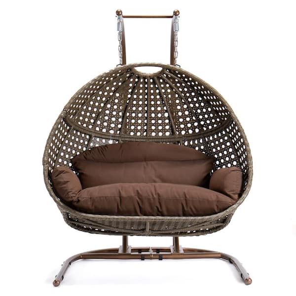 Leisuremod 2 Person Beige Wicker Hanging Double Egg Porch Swing