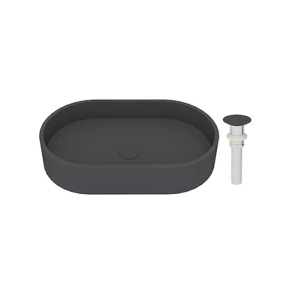 23.62 in . Concrete Oval Vessel Bathroom Sink in Black Earth with Matching Drain