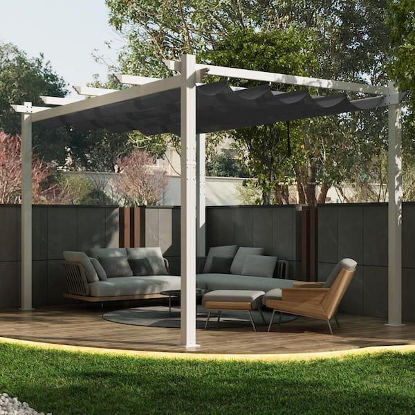 10 ft. x 12 ft. White Aluminum Frame Outdoor Patio Pergola Gazebo with Gray Retractable Sun Shade Canopy for Porch