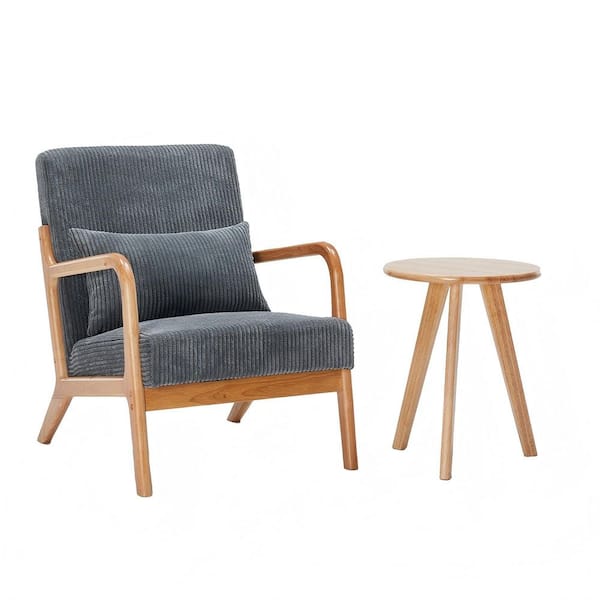 Gray Cotton Arm Chair, Mid-Century Modern Accent Chair, Natural Wood Leisure Chair Coffee Table Set for Relaxation