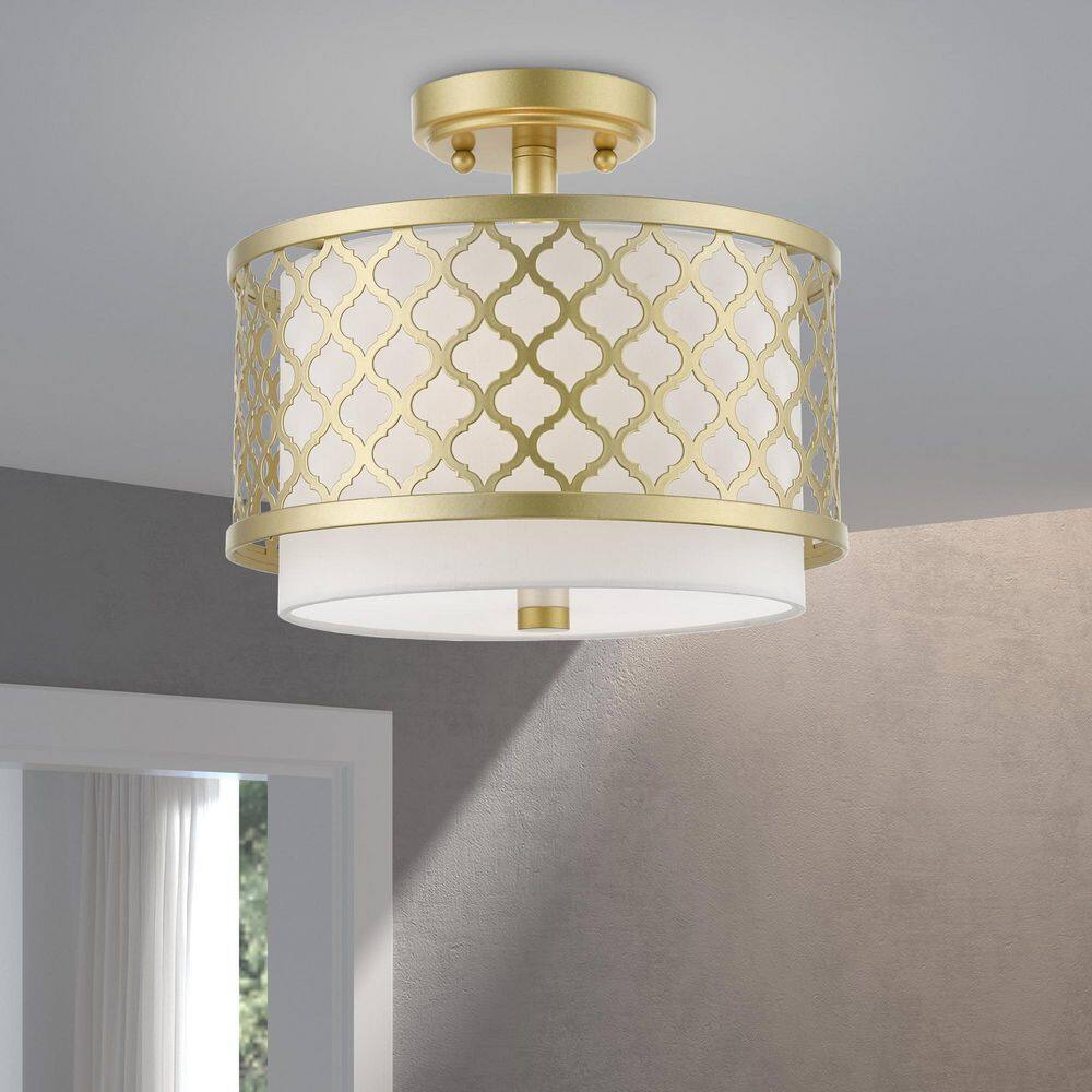 Arabesque Soft Gold Drum Semi-Flush Mount with Off-White Shade