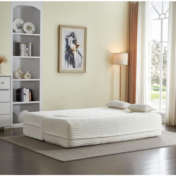 78in. Square Arm Corduroy Curved Floor Sofa w/ 2Pillow Foam-Filled Sleeper Sofa Bed 15in. Full Folding Mattress in Beige