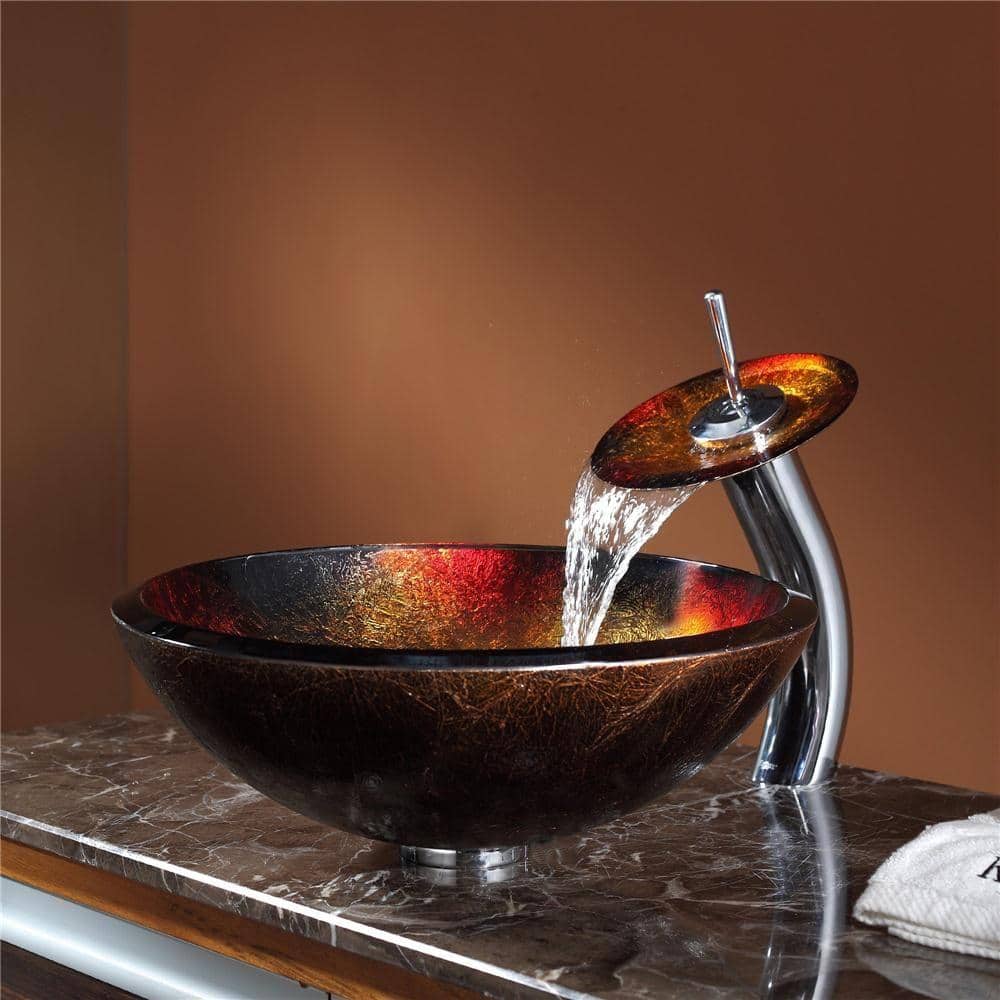 Red and Gold Glass Circular Vessel Bathroom Sink, 17 inch