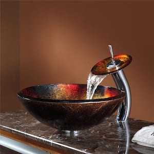 Multi-Color 17 in. Round Vessel Bathroom Sink in Red and Gold Glass