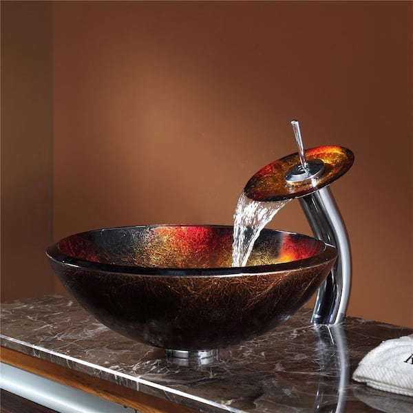 KRAUS Multi-Color 17 in. Round Vessel Bathroom Sink in Red and Gold Glass