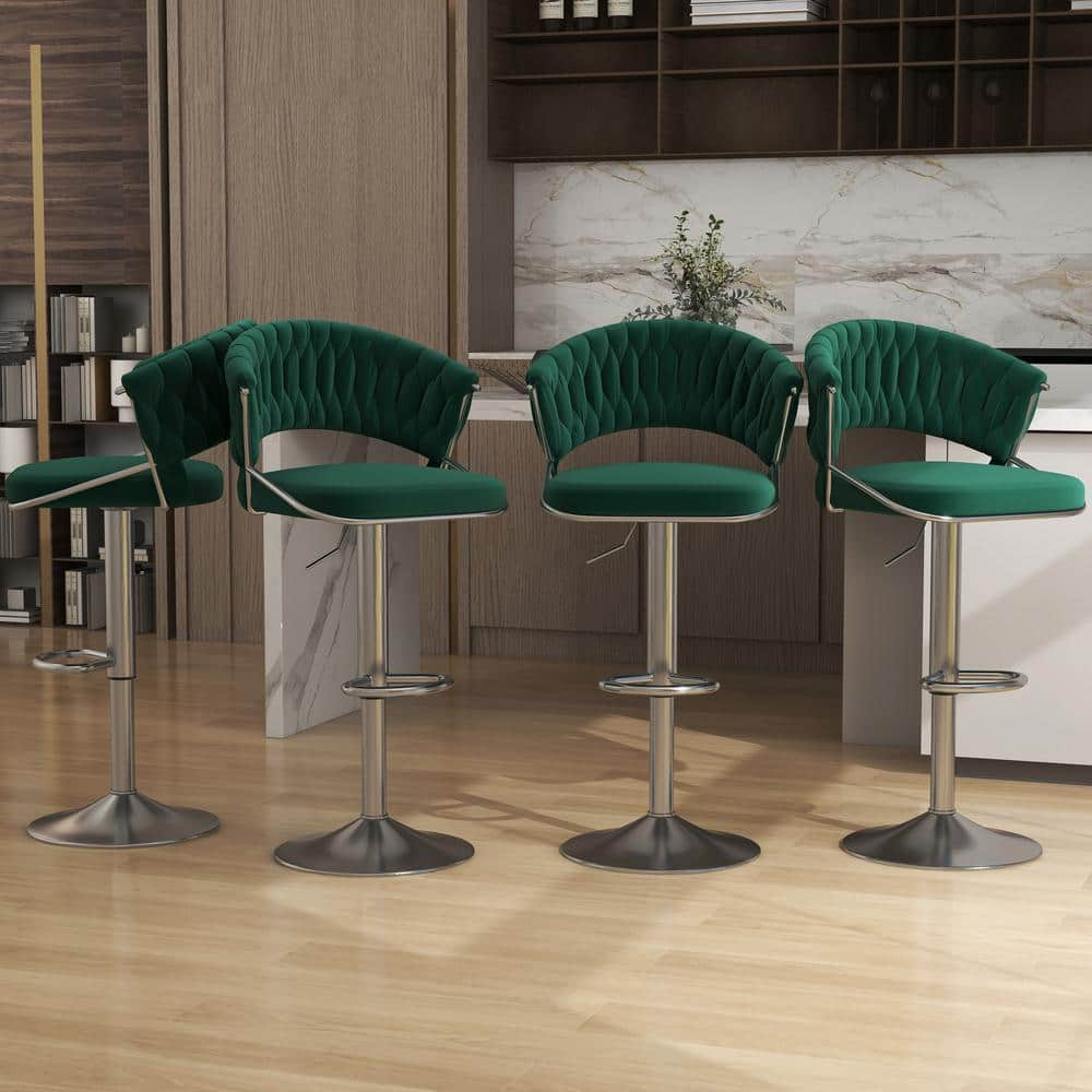 43.15 in. Dark Green Low Back Silver Metal Frame Adjustable Swivel Bar Stool with Velvet Seat (Set of 4) -  Uixe, BT03-SR-DG-4