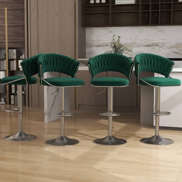 Uixe 43.15 in. Dark Green Low Back Silver Metal Frame Adjustable Swivel Bar Stool with Velvet Seat (Set of 4)