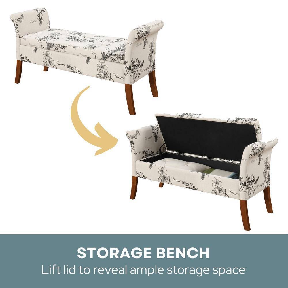 Beige Botanical Fabric Tufted Storage Bench with Rolled Armrests