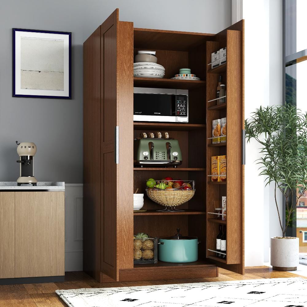 62.99" Walnut Freestanding Kitchen Sideboard Cupboard with Doors & Shelves