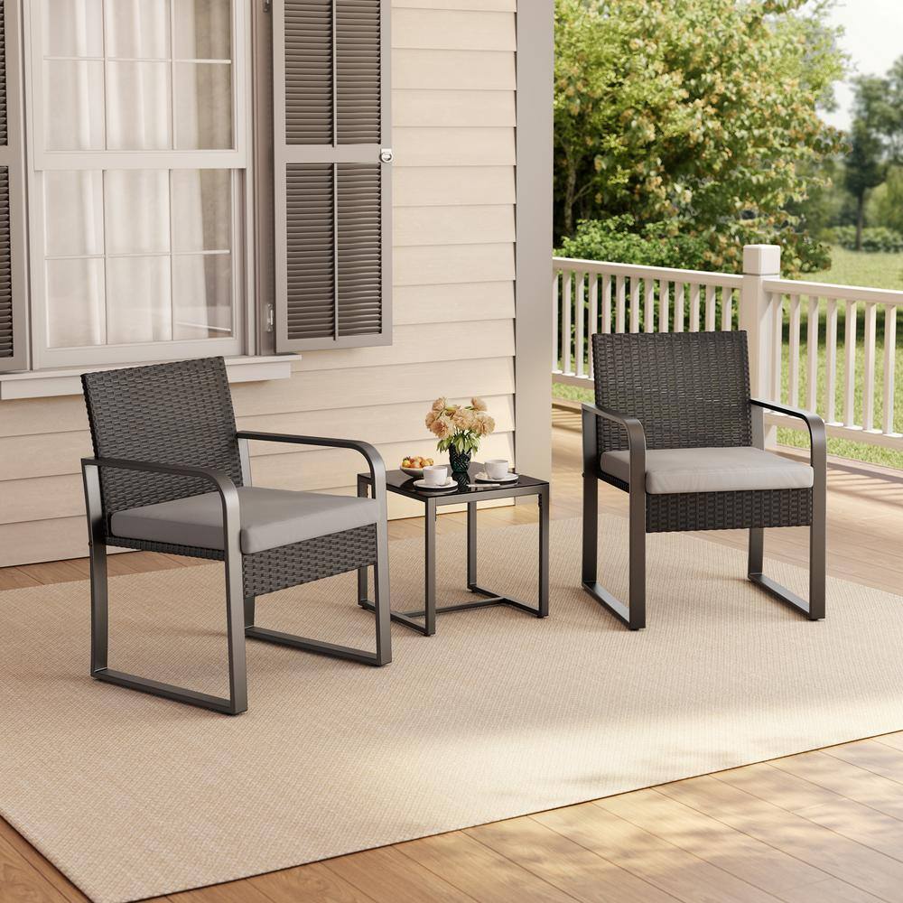3-Piece Rattan Hand-Woven PE Bistro Set Furniture Set with Table and Cushion, Gray price history on PriceWatchPro