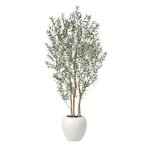 8 ft. Artificial Olive Tree with White Tall Planter, Faux Olive Tree with Natural Trunk