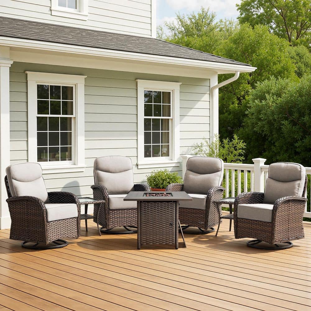 Luna Brown 7-Piece Wicker Outdoor Patio Fire Pit 4-Chair Set with 6-Inch Olefin Beige Cushions price history on PriceWatchPro