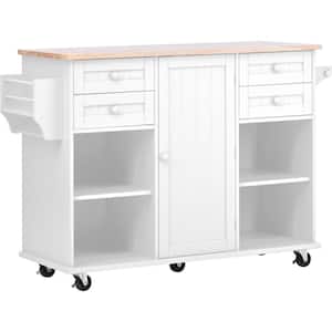 White Kitchen Island with Spice Rack, Towel Rack and Drawer and Rubber Wood Desktop