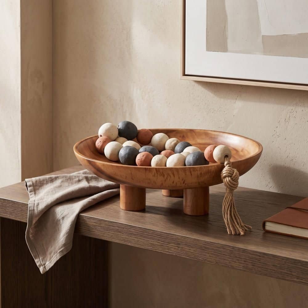 17 in. Brown/Tan Round Mungur Wood Pedestal Decorative Bowl price history on PriceWatchPro