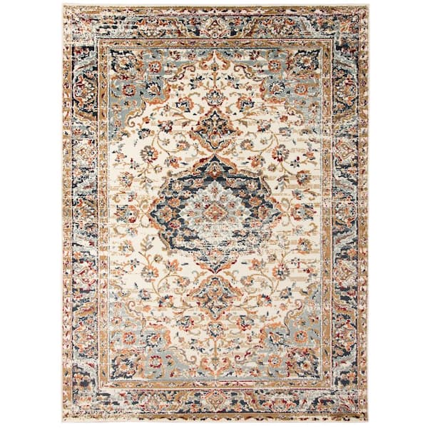 Allure 9 x 12 Ivory/Navy Blue Medallion Pattern Area Rug for High Traffic Living Room Dining Room Bedroom