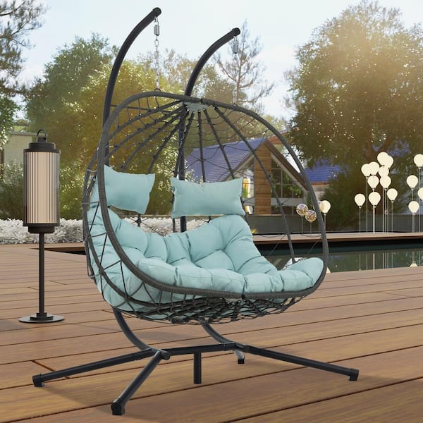 Large Light Blue Wicker Double Swing Egg Chair Patio Swing