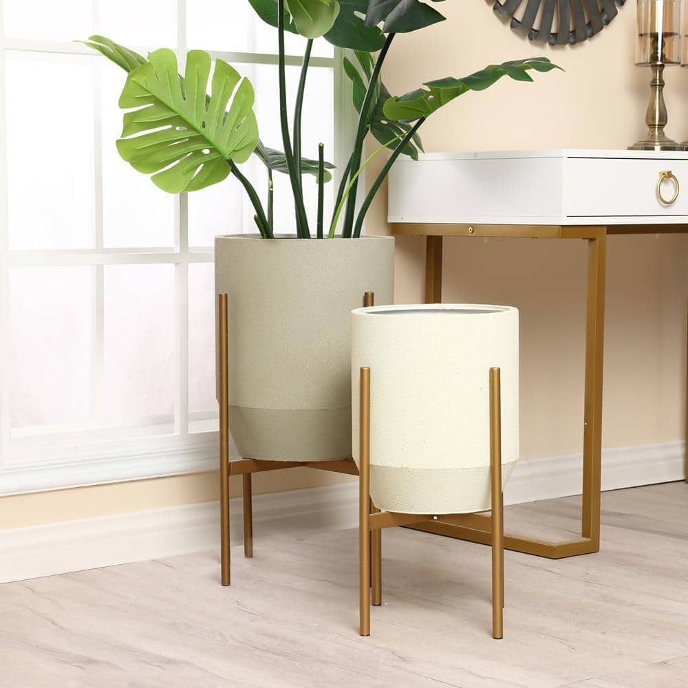 Set of 2 Gray and Off White Metal Planters with Gold Stand