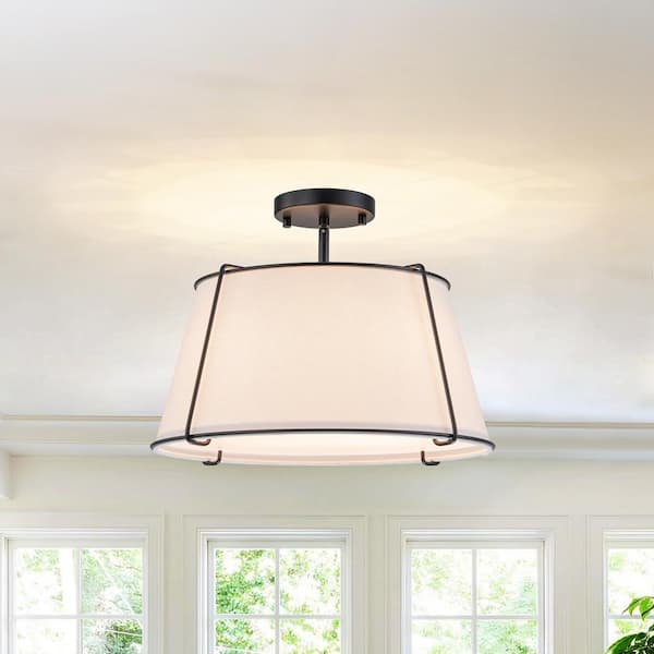 Haven 16.9 in. 4-Light Matte Black Farmhouse Semi-Flush Mount with White Fabric Shade Drum Ceiling Light for Hallway