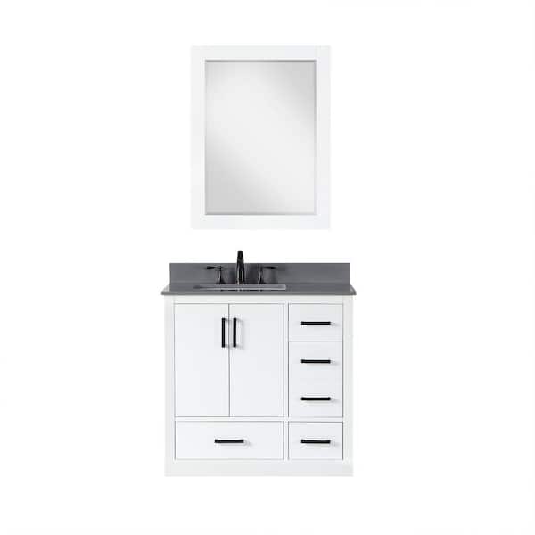 Altair Monna 36 in. W x 22 in. D x 34 in. H Single Sink Bath Vanity in White with Grey Composite Stone Top and Mirror
