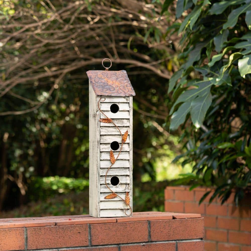 Distressed Off-White Three-Tier Wooden Birdhouse with Metal Roof
