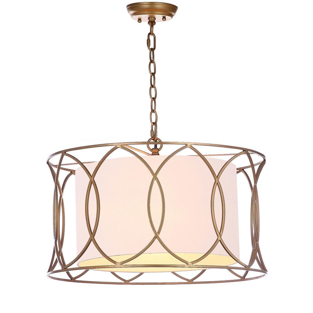 Silas Gold Drum Pendant Lamp with Off-White Shade - 21.5" Diameter
