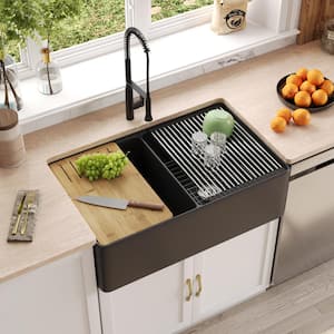 33 in. Farmhouse/Apron-Front Double Bowl Fireclay Workstation Kitchen Sink with Accessories in Matte Black