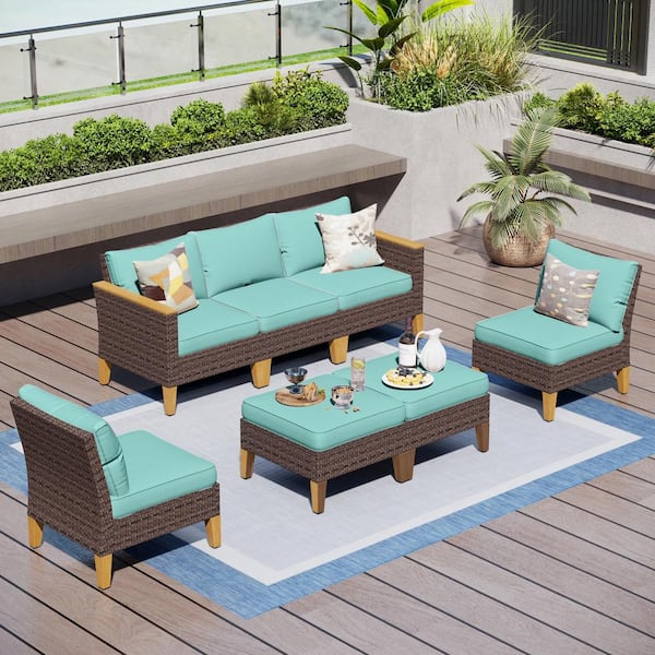 PHI VILLA Brown Rattan Wicker 7 Seat 7-Piece Steel Outdoor Patio ...