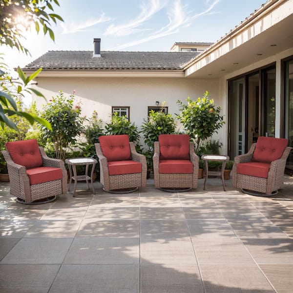 Artisan Brown 6-Piece Wicker Swivel Glider Patio Conversation Set with 6 in. Thick Red Cushions and Side Tables