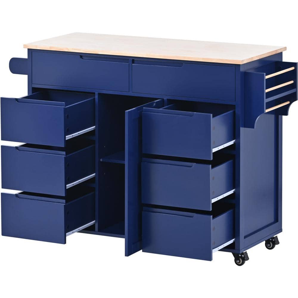 Blue Rubber Wood Countertop 53.1 in. W Kitchen Island on 5-Wheels with ...