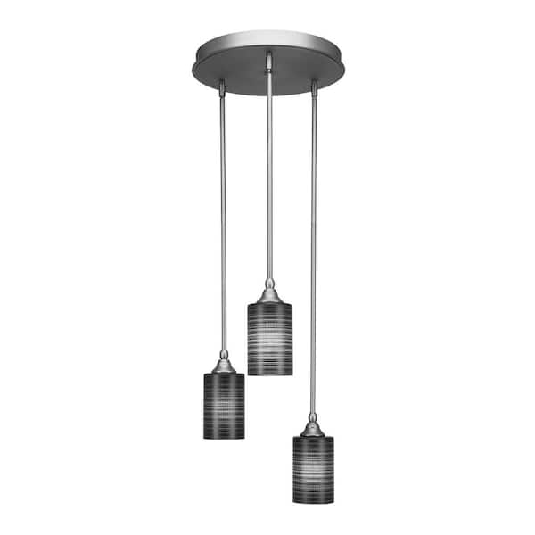 Unbranded Villa 60-Watt 18.5 in. 3 Light Brushed Nickel Stem Pendant Light with 4 in. Black Matrix Glass Shade No bulbs included