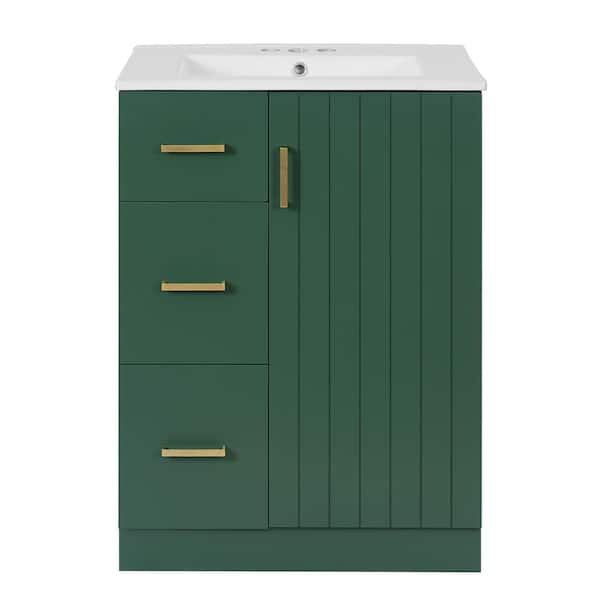 24 in. Freestanding Green Bath Vanity with White Ceramic Top Unassembled
