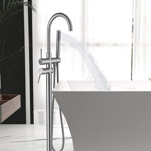 Single Handle Freestanding Tub Faucet with Handheld Shower in Gorgeous High Arch Brushed Nickel