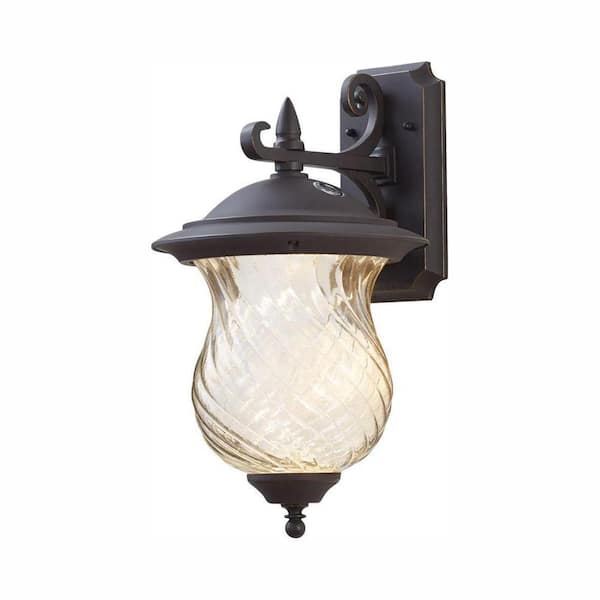 Home Decorators Collection 17.7 in. Aged Patina Dusk to Dawn Integrated LED Outdoor Wall Lantern Sconce