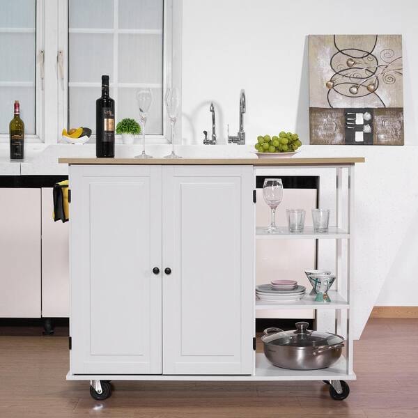 Tileon Kitchen Island Rolling Cart with Wood Table Top Kitchen Trolley with Cabinet and Towel Rack and 3- Storage Shelf White