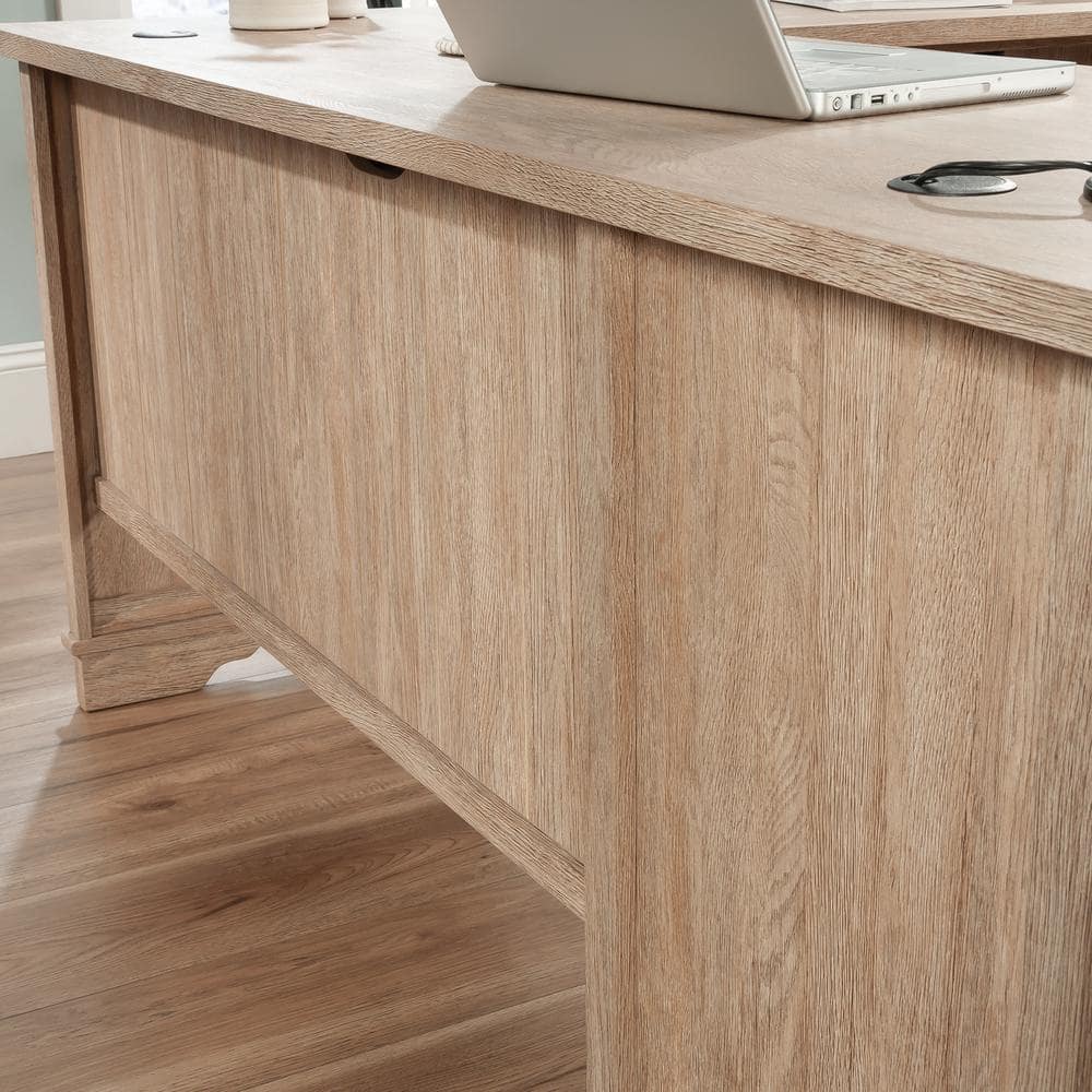 Brushed Oak L-Shaped Executive Desk with Drawers and Keyboard Tray