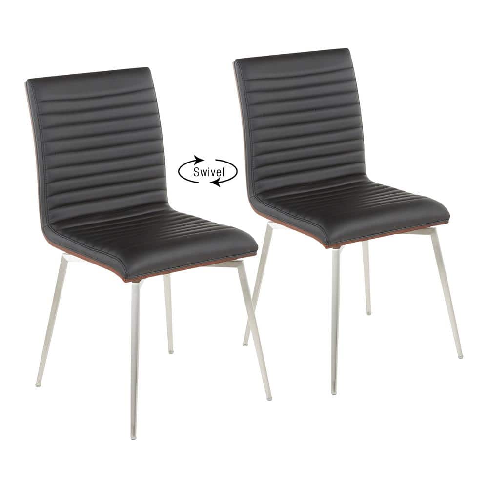 Mason Black Faux Leather Swivel Dining Chairs with Walnut Wood Back