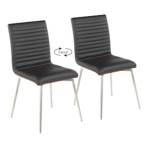 Mason Swivel Dining Chair in Black Faux Leather, Walnut Wood and Stainless Steel (Set of 2)