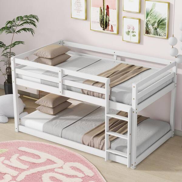 Harper & Bright Designs White Twin Size Wood Loft Bed with Ladder, No Slats for Bottom Beds