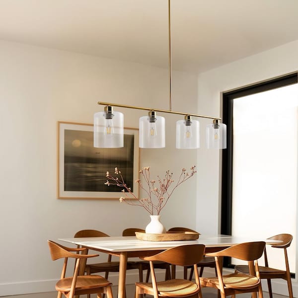 240-Watt 4-Light Gold Modern Island Pendant Light with Cylinder Clear Glass Shade for Dining Room Kitchen Island